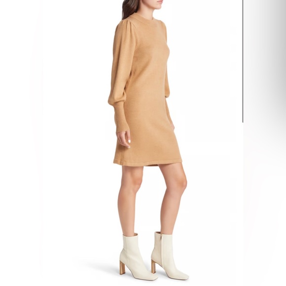NWOT French Connection Babysoft Knit Camel Tan Balloon Sleeve Sweater Mini Dress - Picture 2 of 10